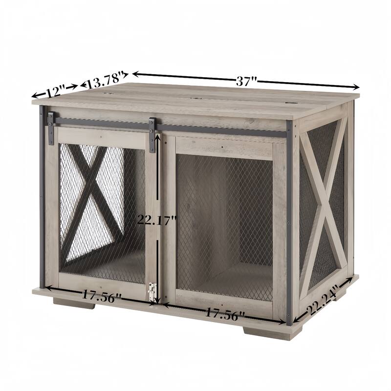 Flip-Top Plate Dog House Dog Cage Crate Furniture with Sliding Barn Door, Dog Kennel End Table with Detachable Divider
