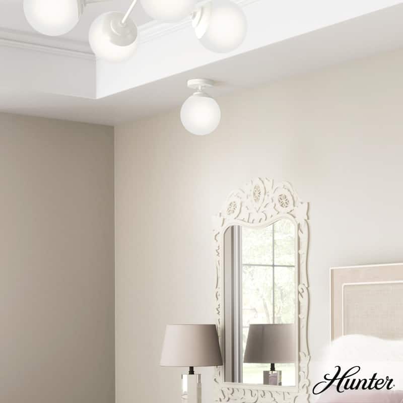 Hunter Hepburn 1-Light Flush Mount Ceiling Light - Bedroom, Bath, Entry, Hallway - Damp-Rated - Vintage, Globe Light - Matte White
