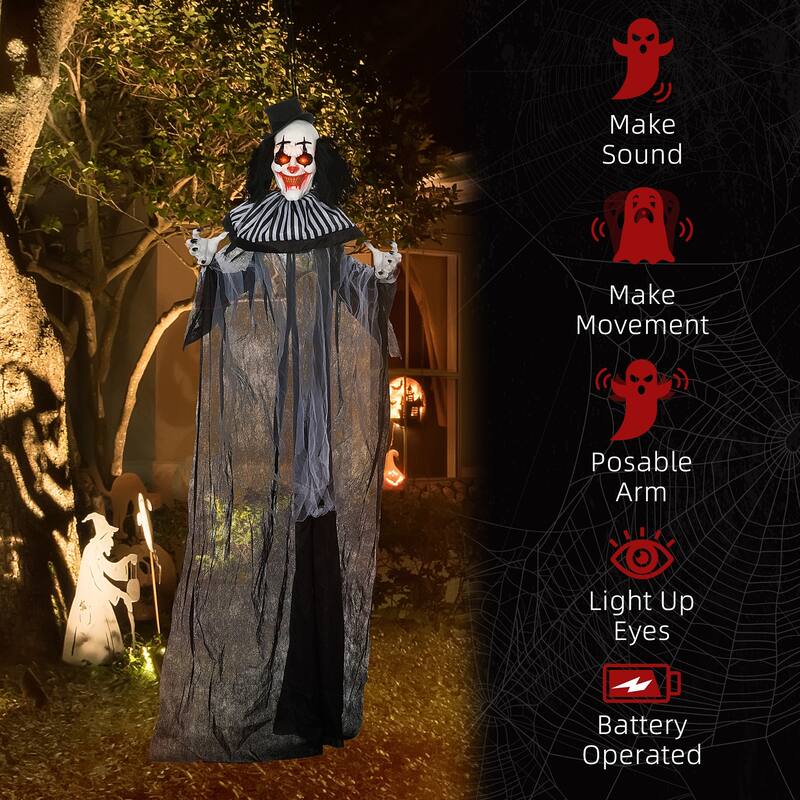 6FT Black White Striped Animatronic Clown Halloween Decor Motion Sound Activated