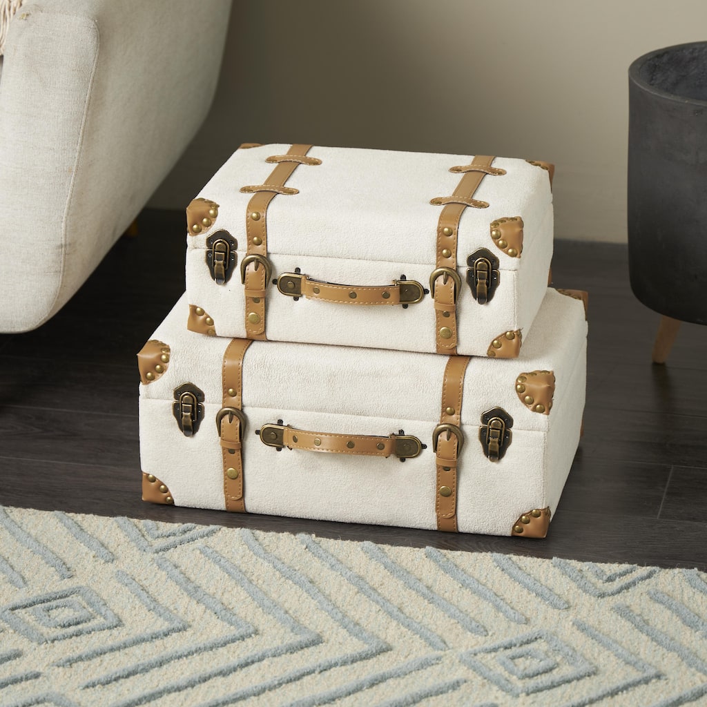 Light Gray Wooden Vintage Storage Decorative Trunk with Brown Leather Accents and Bronze Latches (Set of 2)