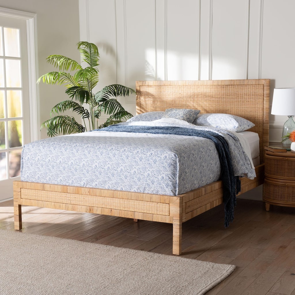Kalimantan Natural Rattan Bed - Coastal Boho Style Bed Frame with Woven Detailing, Queen