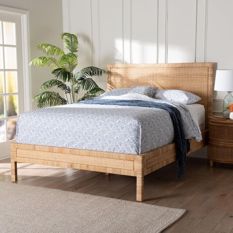 Kalimantan Natural Rattan Bed - Coastal Boho Style Bed Frame with Woven Detailing, Queen