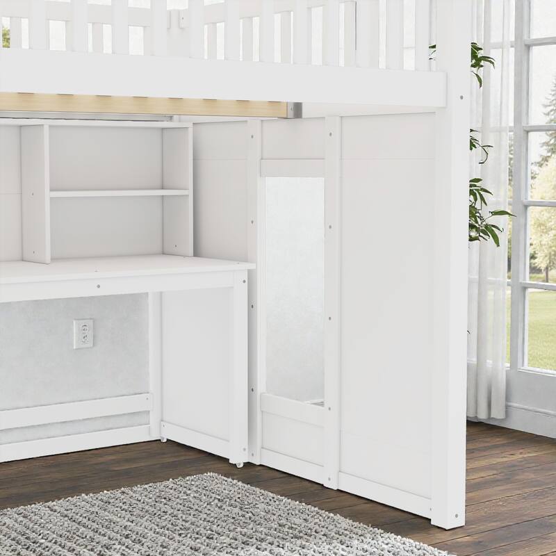 Loft Bed with Movable Desk, Storage Stairs & Shelves, Solid Wood Twin/Full High Loft Bed with Study Area & Safety Guardrails