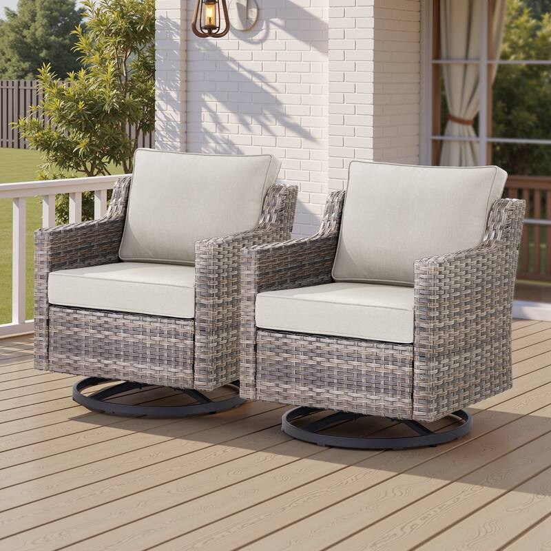 Pocassy 2-Piece Swivel Rocking Chairs Set of 2 - Beige Cushion Gray Wicker - 2-Piece Swivel Chair Set