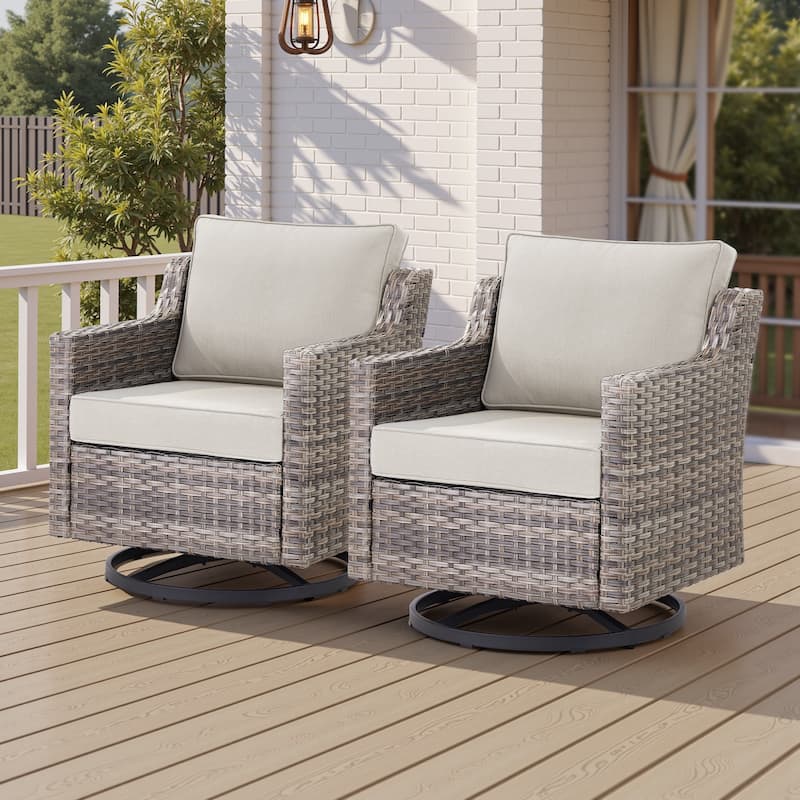 Pocassy Outdoor All-Weather Outdoor Sofa, Swivel Chair, Ottoman Sets - Grey Wicker Beige Cushion - 2 Pieces Swivel Chair