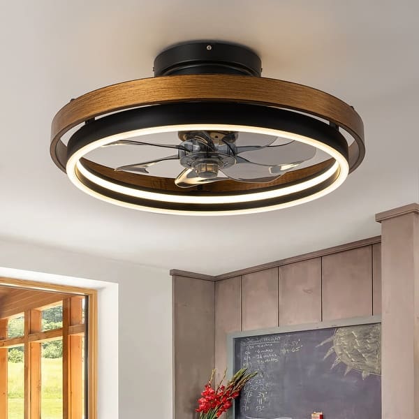 slide 2 of 15, 20 in. Modern Circle Wheel Color-Changing Integrated LED Semi-Flush Mount Fandelier w/ Remote Control - 19.6 in. W x 7.6 in. H 19.6 in. W x 7.6 in. H - Black