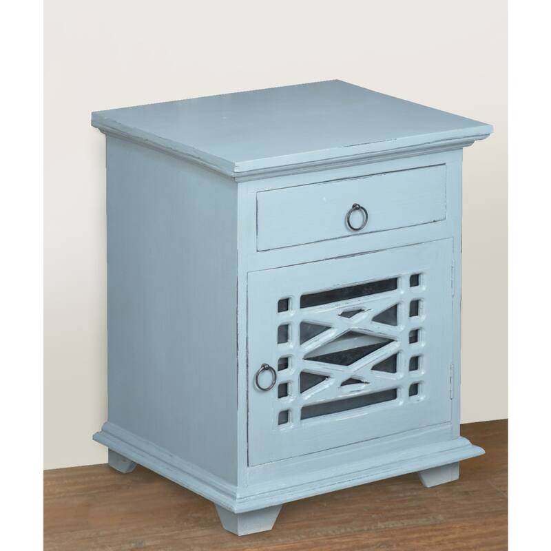 Solid Wood Side Table - Nightstand Accent Cabinet - Fully Assembled - Beach Blue Finish - 26