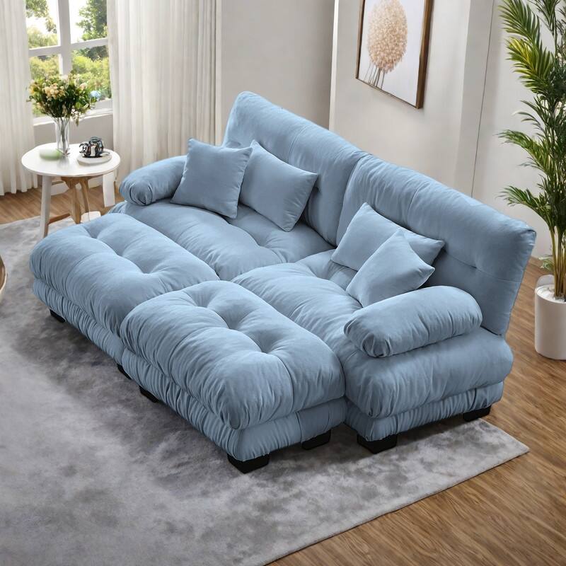 94.4" 2-Seater Chenille Cloud Couch with 4 Pillows and 2 Ottomans(Convertible Sleeper Sofa) - Blue