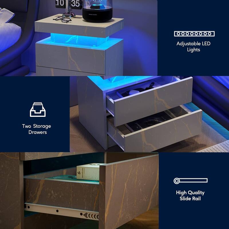 LED Nightstand with 2 Drawers for Bedroom