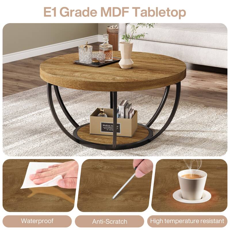 31.7" Round Coffee Table, Modern 2-Tier Center Table Sofa Side Table