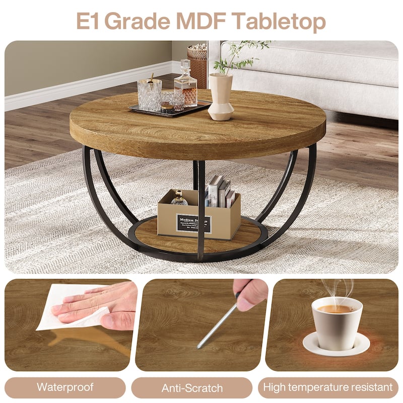 31.7" Round Coffee Table, Rustic 2-Tier Center Table with Storage Open Shelves