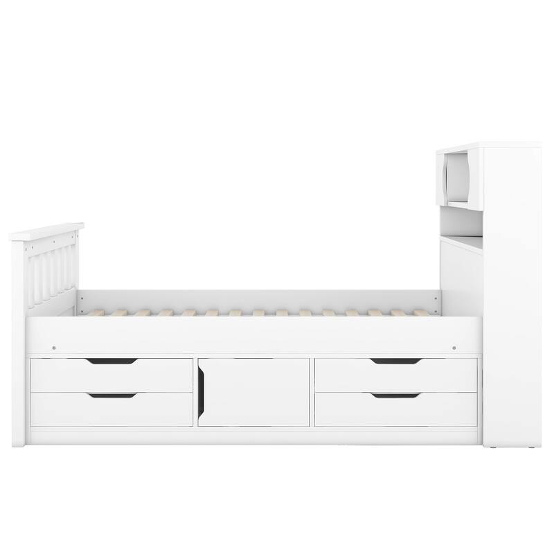 Twin Size Platform Bed Frame with Storage, Bookcase Headboard, Four Drawers, White
