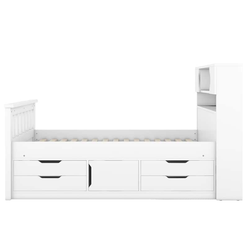 Twin Size Platform Bed with 4 Drawers, Bookcase Headboard, and Storage Shelves, Space-Saving Design, Sturdy and Quiet Frame