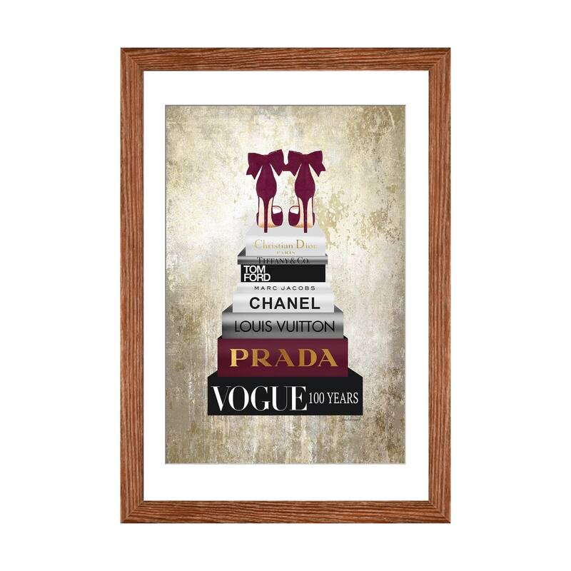 iCanvas "Tall Book Stack With Burgundy Shoes & Gold Background" by Amanda Greenwood - Walnut - 24x16x1