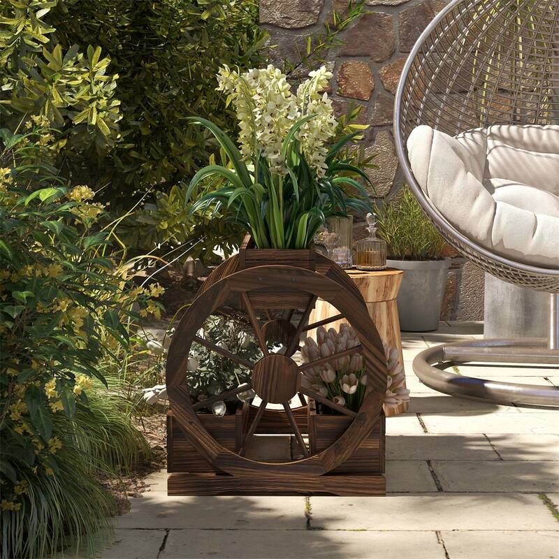 Carbonized Fir Wood Outdoor Raised Wooden Planter Box Set with Decorative Wheels - 25.25" L x 21.25" W x 23.5" H