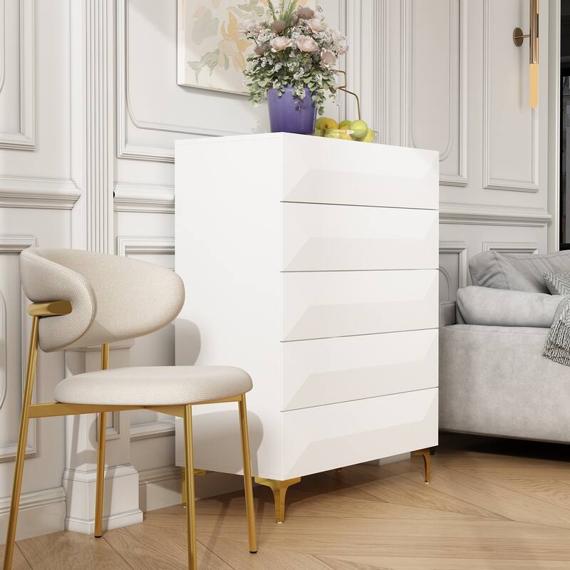 Asymmetrical Drawer Highboy - Chic White Storage Chest with Gold Legs