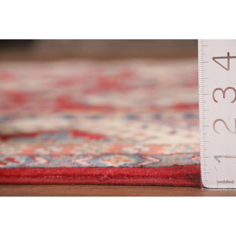 Geometric Kazak Area Rug Hand-Knotted Red Wool Carpet - 6'5" x 9'10"