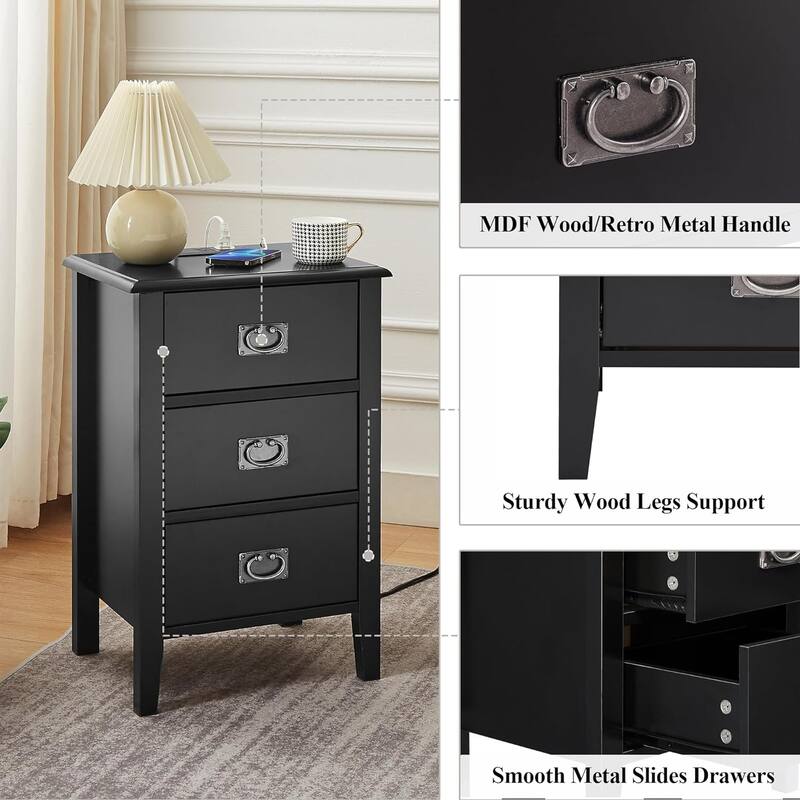 Javlergo Set of 2 Wooden Nightstand with Charging Station, Side End Table with USB Drawer and Open Storage Shelf