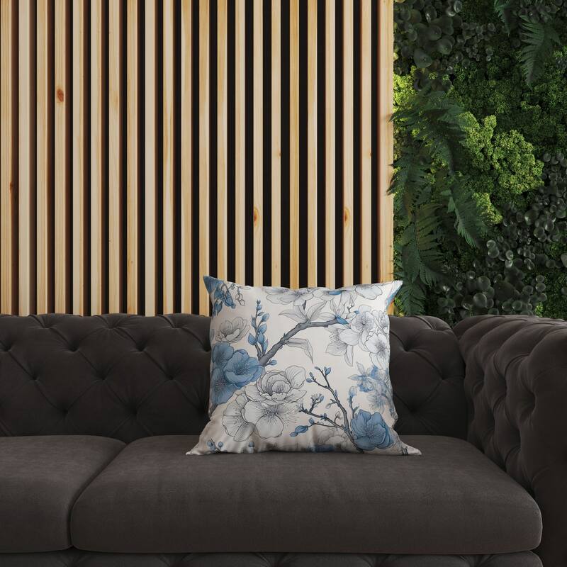 White And Blue Petal Poetry Indoor/Outdoor Throw Pillow Zipper