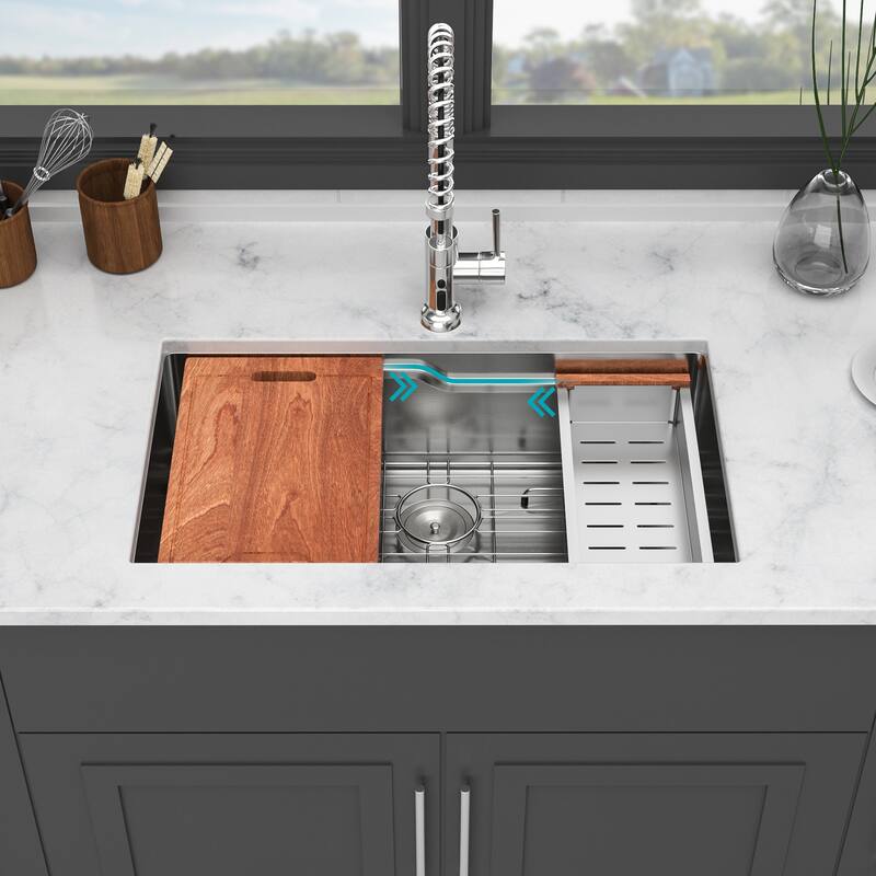 33" Undermount Kitchen Sink - Single Bowl 16 Gauge Stainless Steel Ledge Workstation Kitchen Sinks