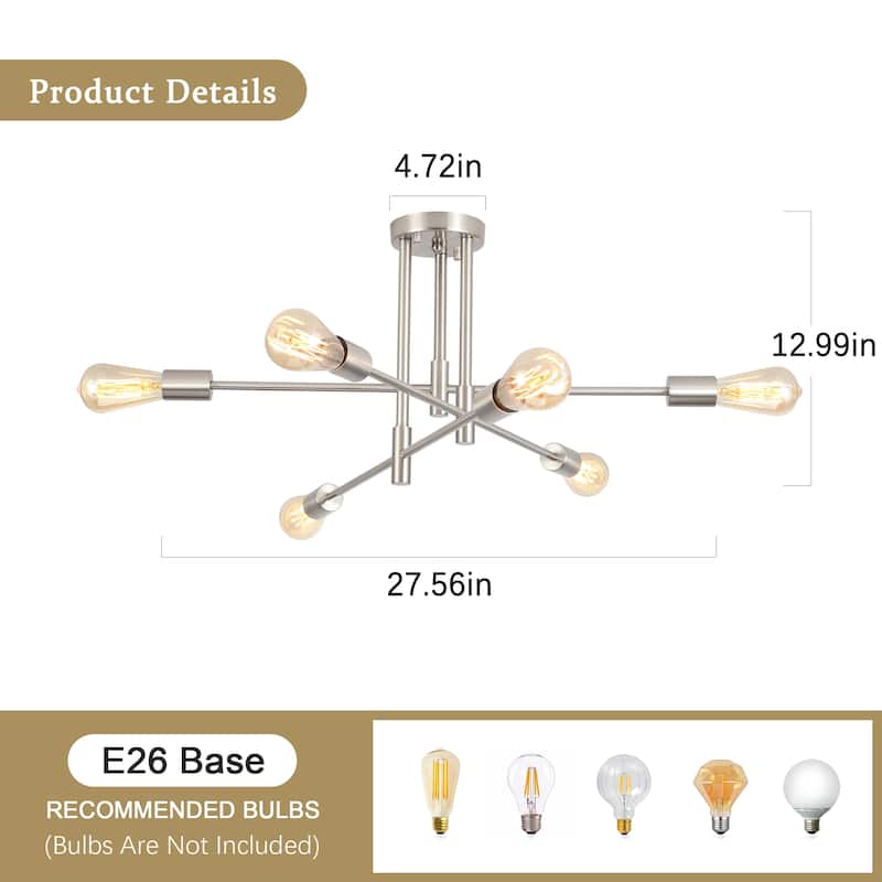 6-Light Modern Semi Flush Ceiling Lights for Bedroom Study Living Room