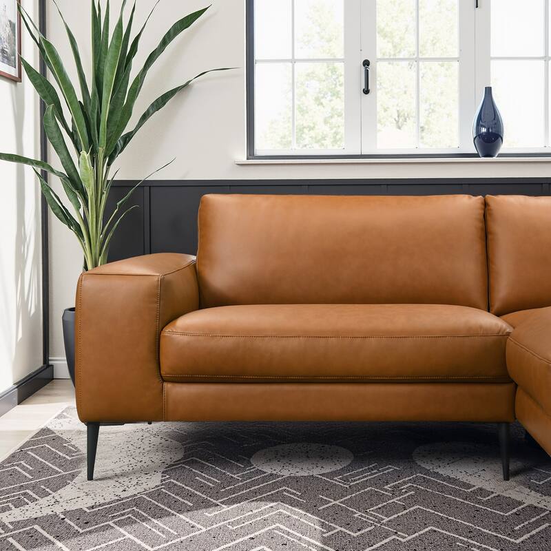 Afton Mid Century Modern Vegan Leather Wide-Arm Sectional in Cognac