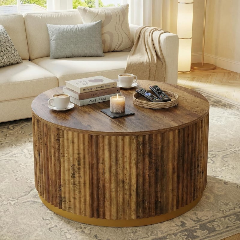 Round Coffee Table, Fluted Wooden Center Table, Mid Century Modern Table for Living Room or Office