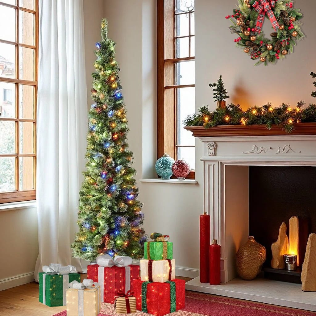 Glitzhome 7FT Pre-Lit Slim Artificial Christmas Tree with 200 LED Lights and Base, 9 Functional Warm White/Multi-Color