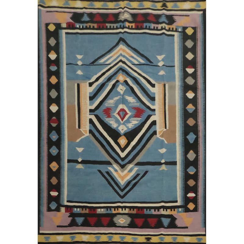 Hand Woven Oriental 100% Wool Carpet Southwestern Tribal Navy Blue & Blues Kilim Area Rug - 9' 8'' X 8' 3''