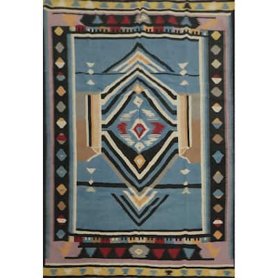Hand Woven Oriental 100% Wool Carpet Southwestern Tribal Navy Blue & Blues Kilim Area Rug - 9' 8'' X 8' 3''