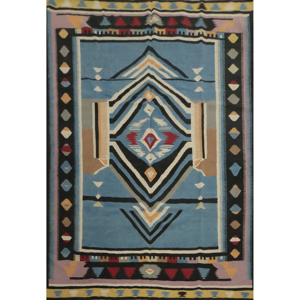 Hand Woven Oriental 100% Wool Carpet Southwestern Tribal Navy Blue & Blues Kilim Area Rug - 9' 8'' X 8' 3''