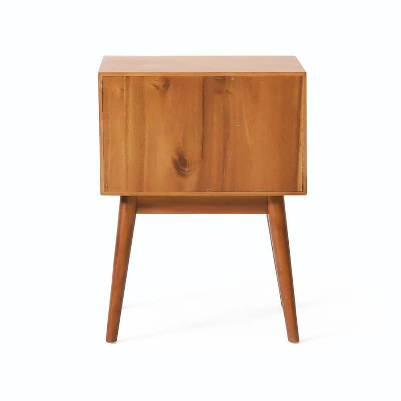 Mid-Century Acacia Wood Nightstand - 2 Drawers, Brass Accents