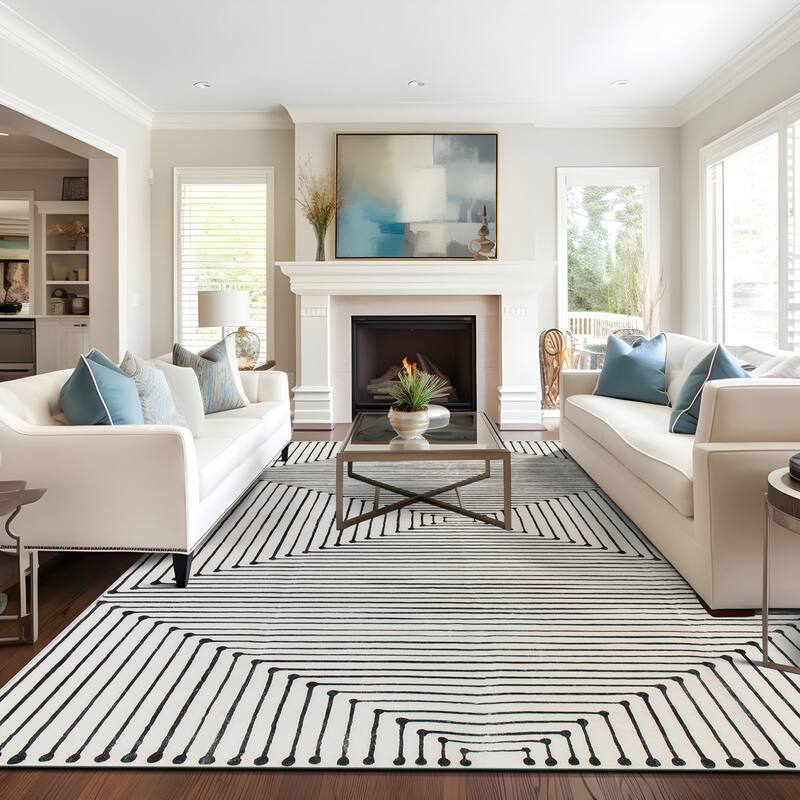 World Rug Gallery Bohemian Stripes Washable Non Slip Area Rug - Ivory - 9'x12'