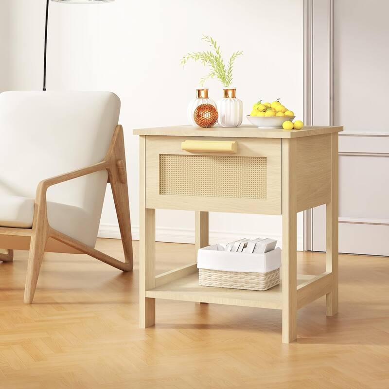 Nightstand, Side Table with Rattan Drawer and Opening Shelf, Wood Accent Table with Storage for Bedroom, Living Room