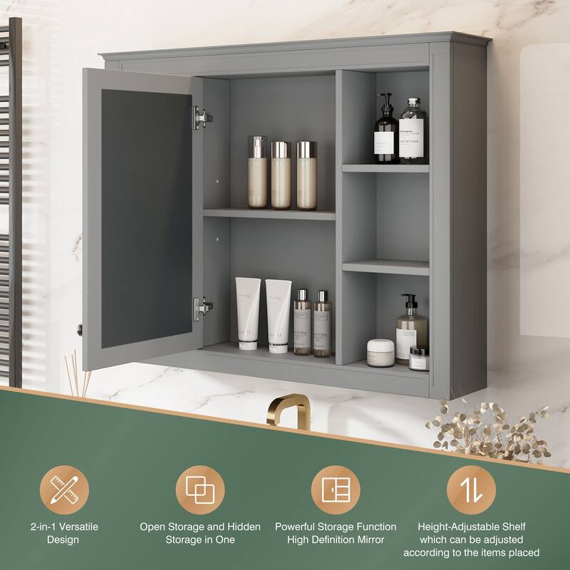 GDFStudio - Riggs Modern Wall-Mounted Bathroom Storage Cabinet with Mirror and Open Shelves (Not Include Bathroom Vanity)
