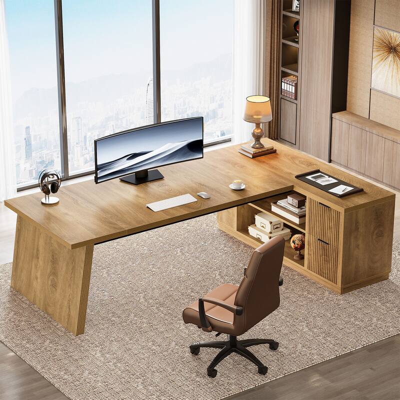 78" L-Shaped Executive Desk with File Cabinet & Shelves, Home Office