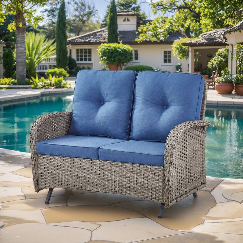 Outdoor Glider Loveseat Patio Wicker Sofa - Grey - Blue