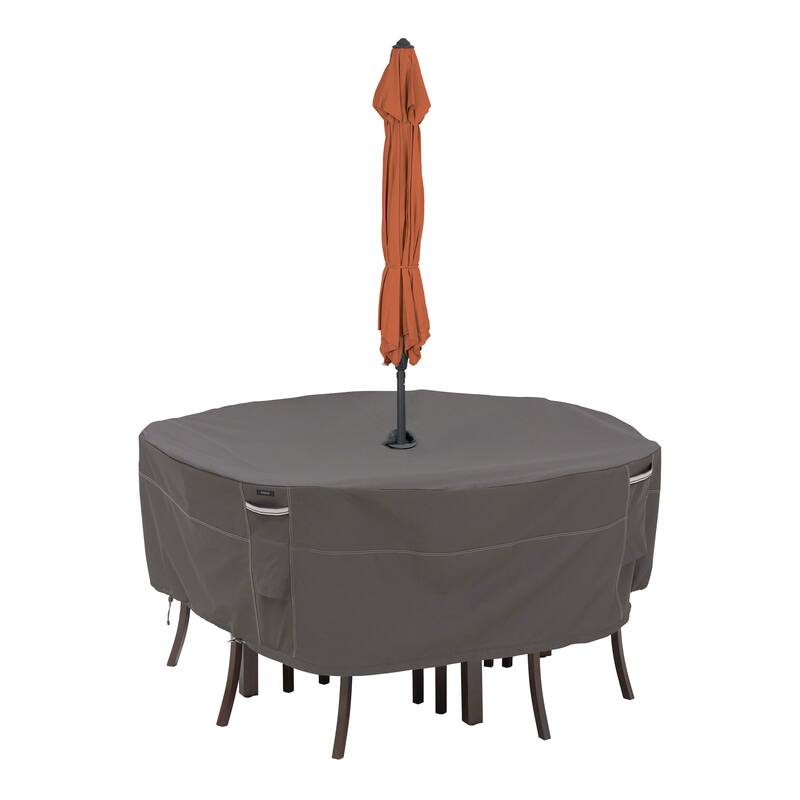 Classic Accessories Ravenna Water-Resistant 60 Inch Round Patio Table & Chair Set Cover with Umbrella Hole