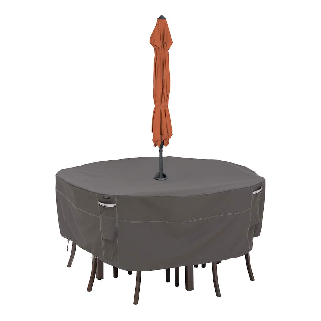 Classic Accessories Ravenna Water-Resistant 60 Inch Round Patio Table & Chair Set Cover with Umbrella Hole
