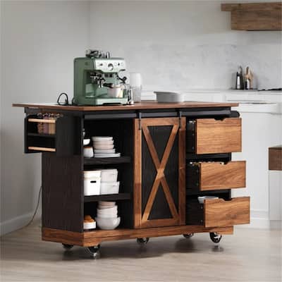 55" Wood Rolling Kitchen Island with Drop Leaf,Barn Door,Power Outlet