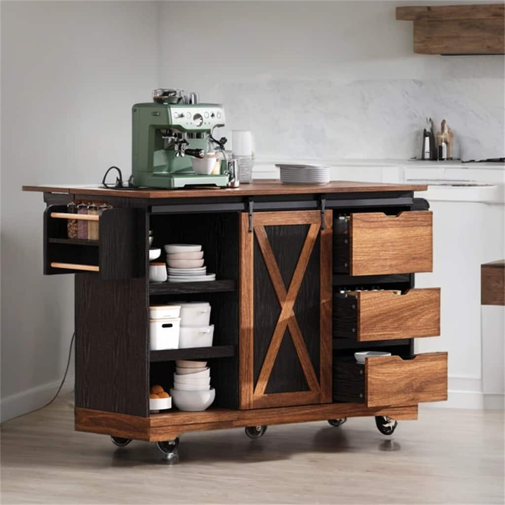 55" Wood Rolling Kitchen Island with Drop Leaf,Barn Door,Power Outlet