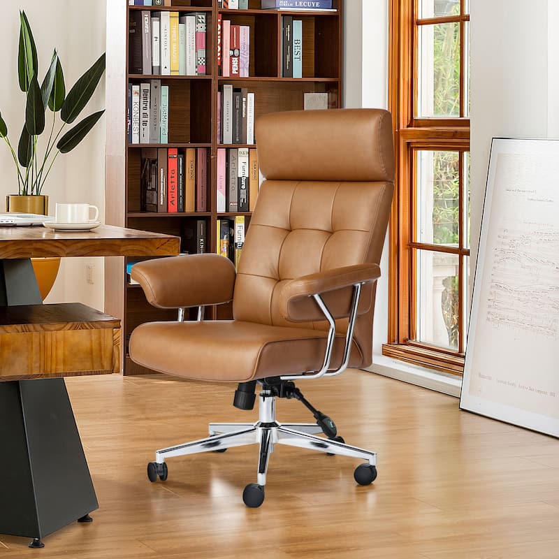 Glitzhome 48-inch Mid-century Adjustable Swivel Faux Leather Office Chair - Brown
