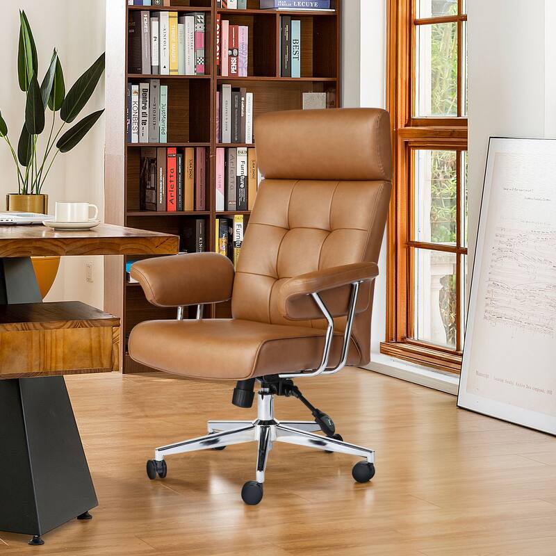 Glitzhome Mid-Century Modern Brown Leatherette Gaslift Adjustable Swivel High Back Office Chair with Armrest