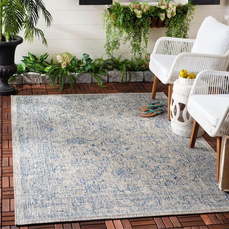SAFAVIEH Courtyard Aquata Indoor/ Outdoor Waterproof Patio Backyard Rug - 4' x 5'7" - Grey/Navy
