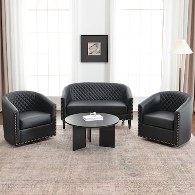KINWELL 3-Piece PU Living Room Sets 1 Loveseat 2 Swivel Chairs