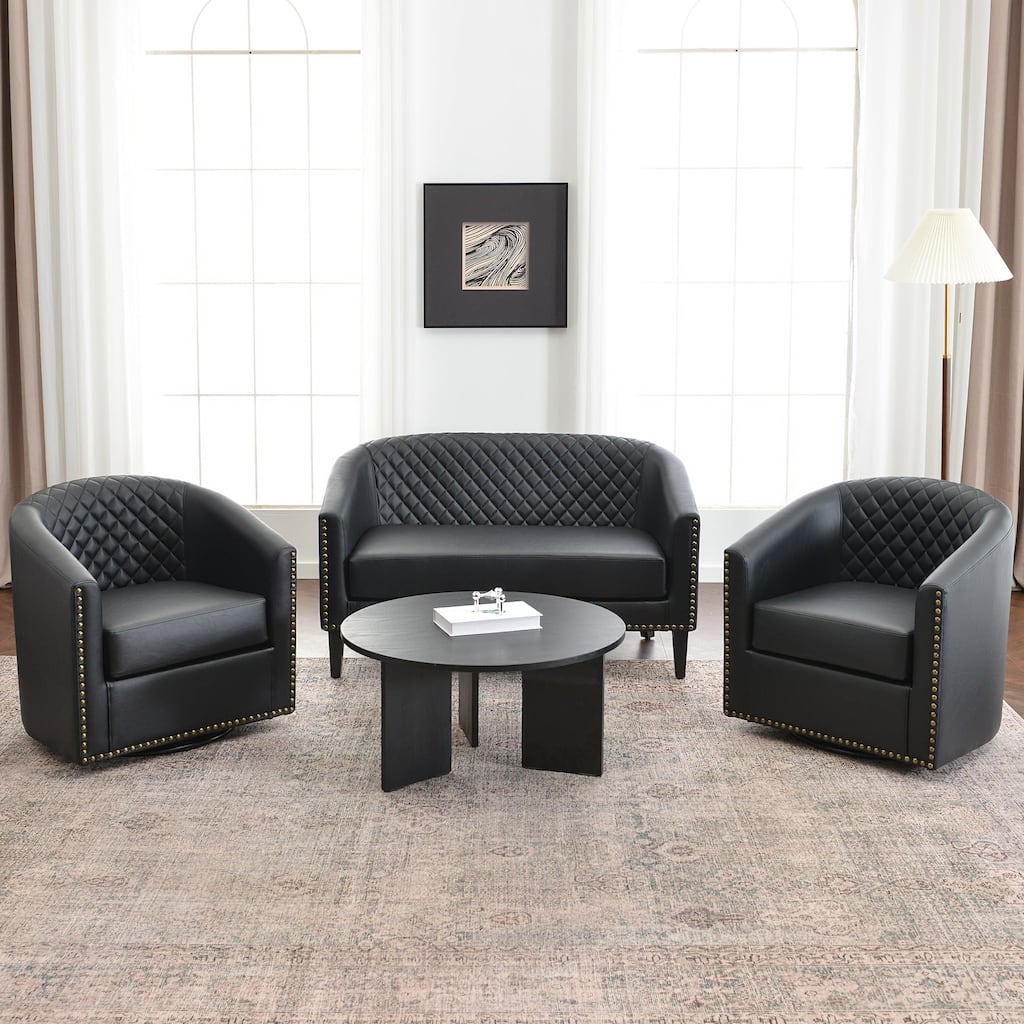 KINWELL 3-Piece PU Living Room Sets 1 Loveseat 2 Swivel Chairs