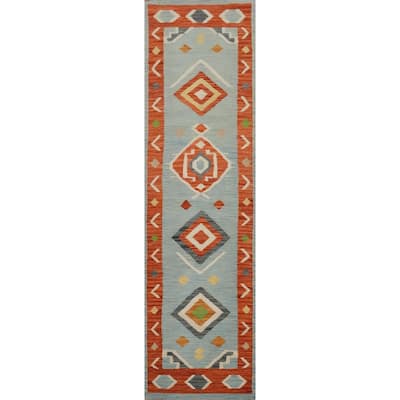 Hand Woven Oriental 100% Wool Carpet Southwestern Tribal Navy Blue & Blues Kilim Runner Rug - 8' 2'' X 2' 0''