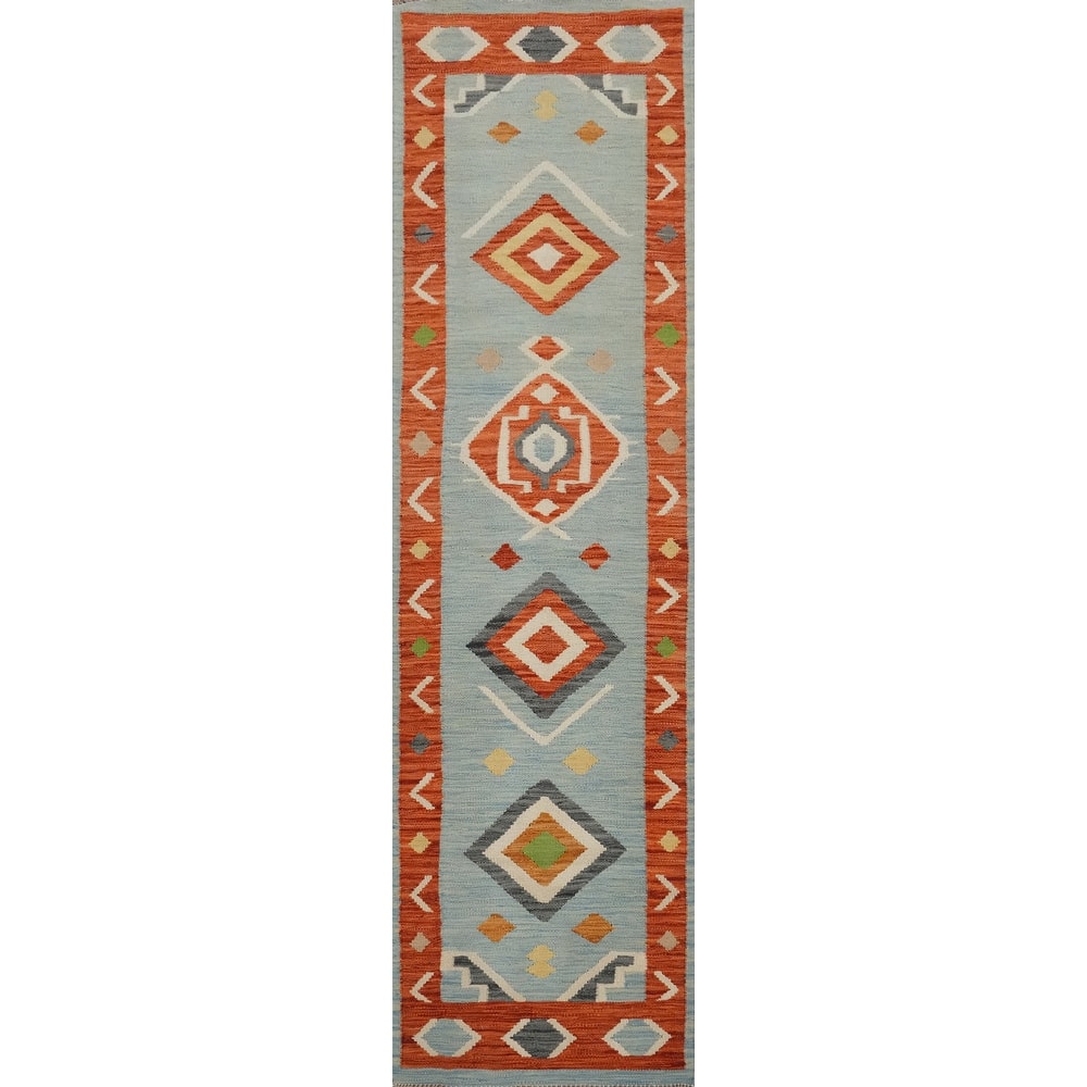 Hand Woven Oriental 100% Wool Carpet Southwestern Tribal Navy Blue & Blues Kilim Runner Rug - 8' 2'' X 2' 0''