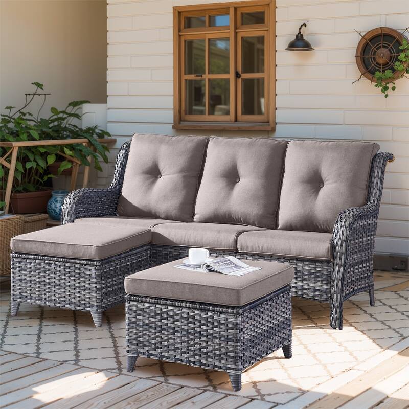 Outdoor 3-Piece Wicker Sofa Set with Ottoman - Grey - Grey