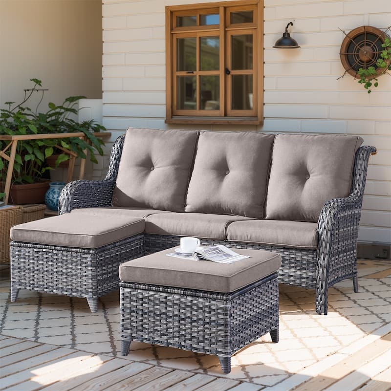 Gymojoy Patio Wicker 3-Seat Sofa with Ottoman - Grey - Grey